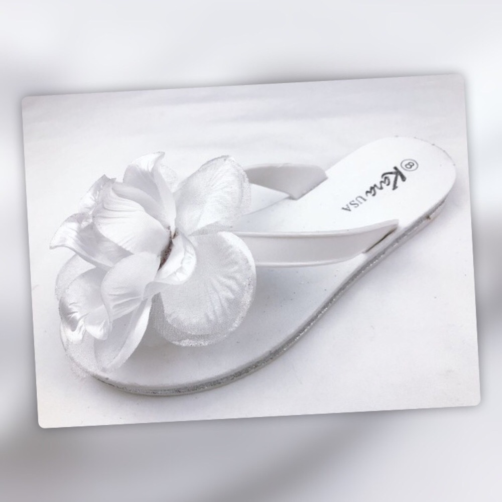 Kara White Rosette Flower Glitter Thong Flip Flop Sandal - Picture 8 of 8